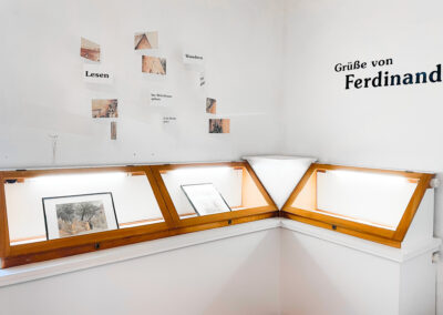 Vitrinen in der Ausstellung Grüße von Ferdinand mit Begriffskärtchen an der Wand.